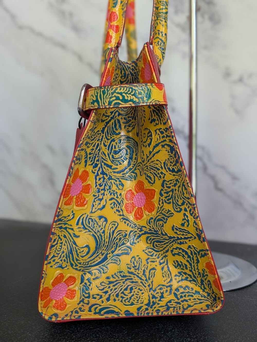 Sukriti Hand Painted, Embossed Leather Tote Bag with Floral Accents - Picture 2 of 10